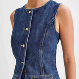 Gilet in Denim Sagomato Senza Maniche