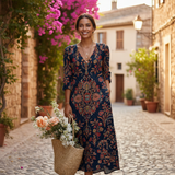Abito Midi Donna con Stampa Floreale e Scollo V
