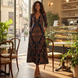 Abito Midi Donna con Stampa Floreale e Scollo V