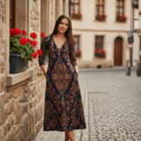 Abito Midi Donna con Stampa Floreale e Scollo V