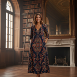 Abito Midi Donna con Stampa Floreale e Scollo V