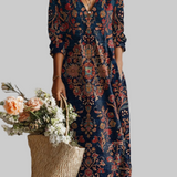 Abito Midi Donna con Stampa Floreale e Scollo V