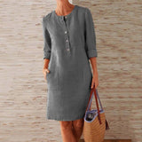 Abito Midi Donna con Bottoni e Tasche